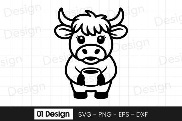 Cute Baby Cow Holding Coffee SVG PNG for Graphics & Crafts
